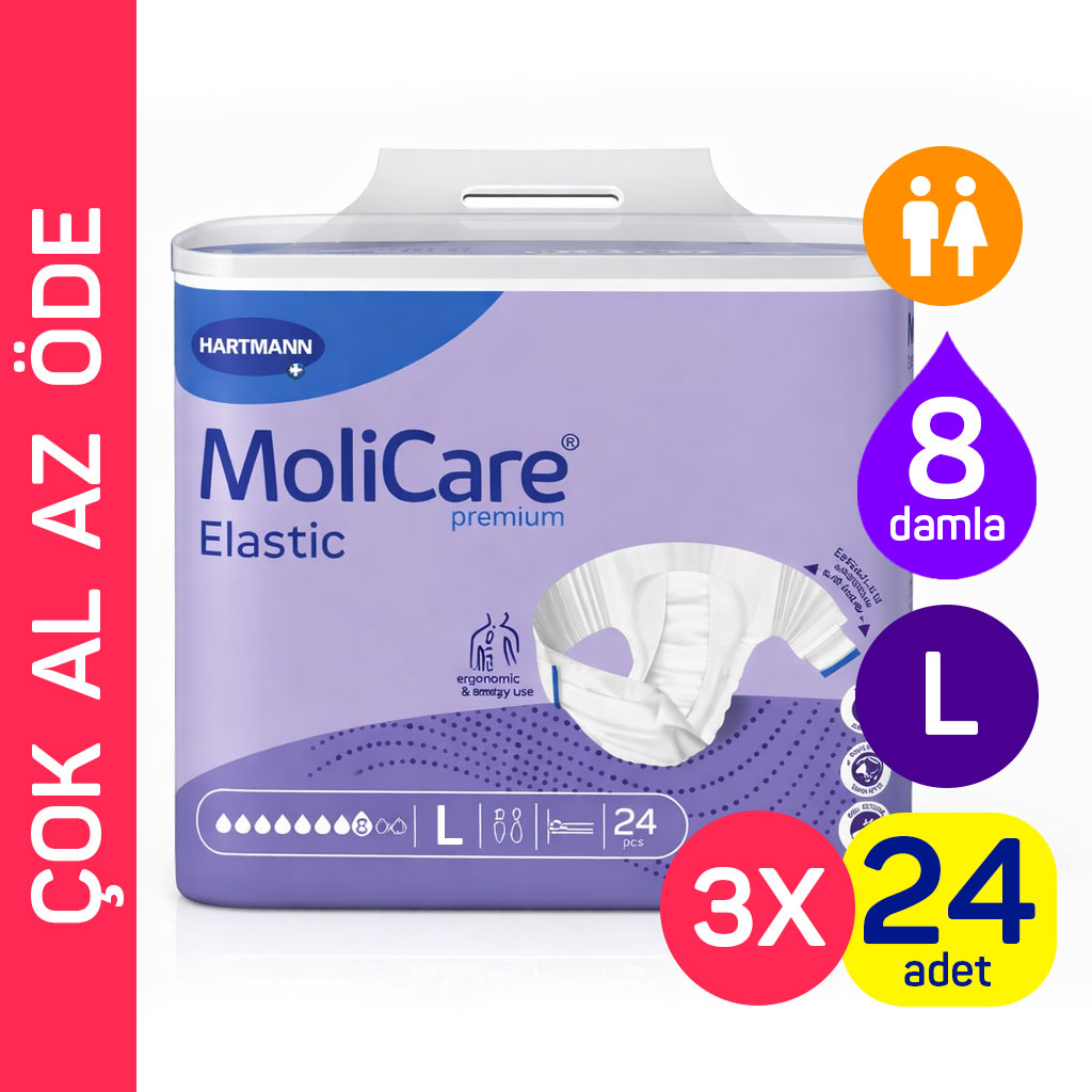 Hartmann MoliCare Premium Elastic 8 Damla L Beden 3 Paket 72 Adet Bel Bantlı Yetişkin Hasta Bezi