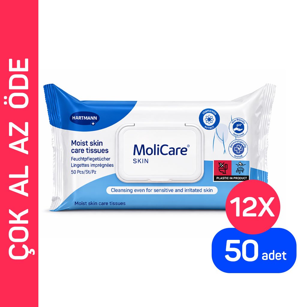 Hartmann MoliCare Skin Temizleme Mendili 50'li 12 Paket (600 Adet) Hassas Cilt Islak Mendil